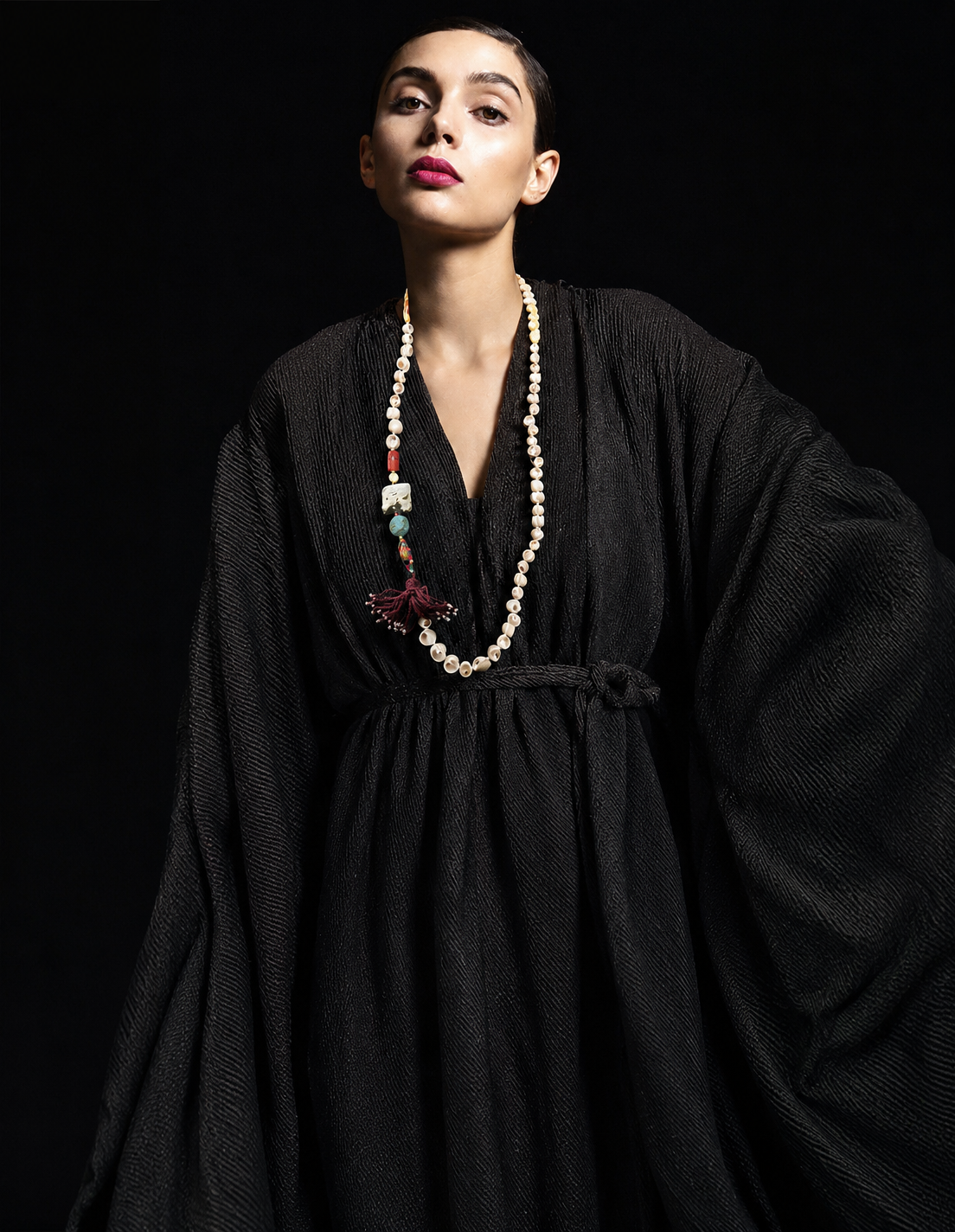 A gathering of sea, thread and time.
Pièce unique handmade in Lebanon with braided yellow cotton threads, natural shells, coral, ocean jasper and turquoise stones and an antique Ottoman tassel.
A wearable relic for sea nomads.